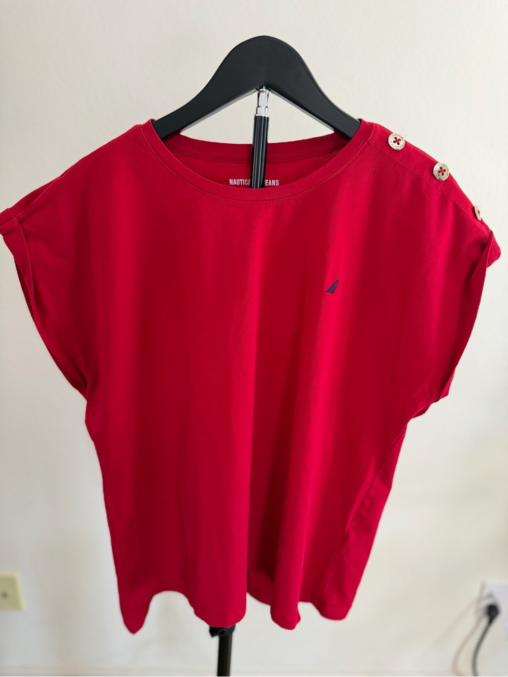Nautica Bright Red Short Sleeve Tee with Shoulder Buttons